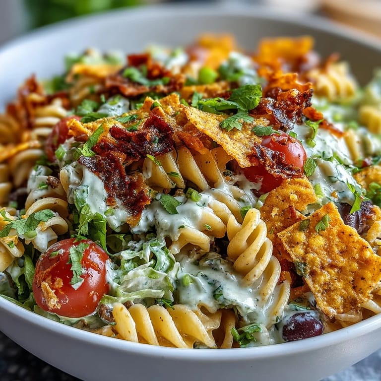 Creamy avocado ranch coats Taco Pasta Salad with Doritos, black beans, and crisp romaine lettuce.