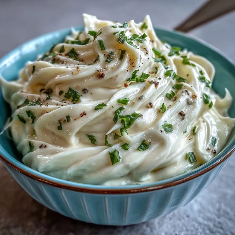 Velvety garlic aioli in a small jar, garnished with minced parsley and cracked black pepper, ready to serve with crudités.