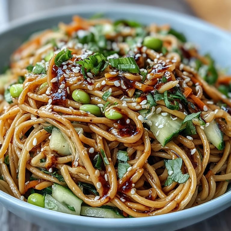 Vibrant Asian-inspired sesame ginger noodle bowl with cold noodles, shredded vegetables, and a bold, spicy ginger sesame sauce.