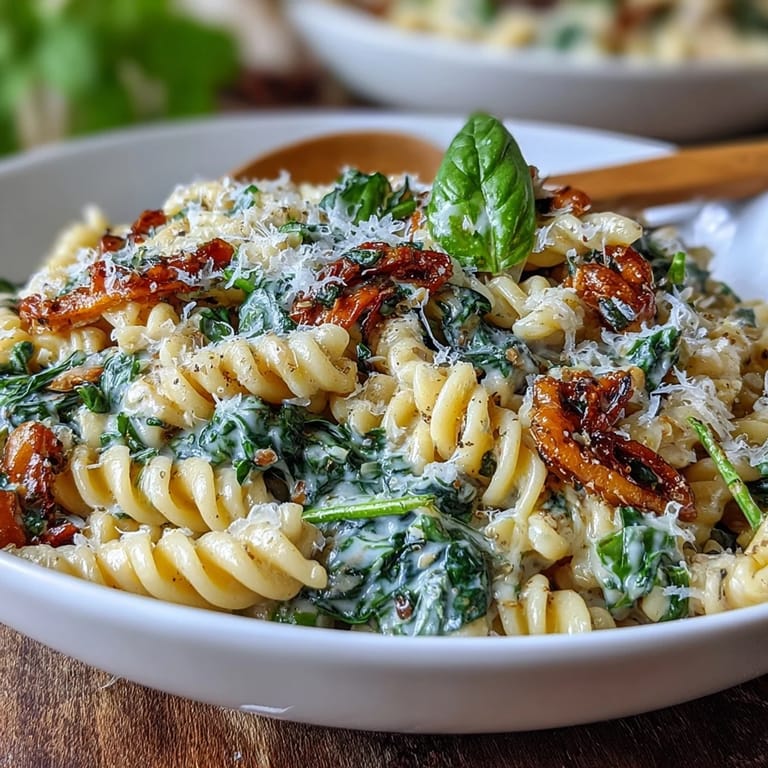 One-Pot Tuscan Pasta: hearty penne simmered with garlic, spinach, and sun-dried tomatoes for a comforting Italian dinner.