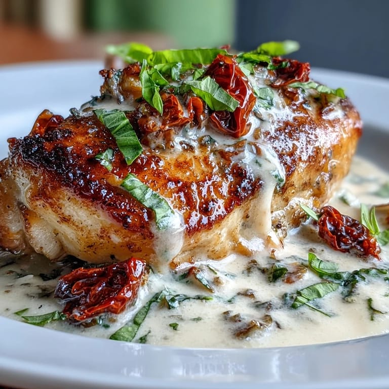 Golden seared chicken breasts simmered in a luscious garlic cream sauce with Parmesan and sun-dried tomatoes, perfect for a cozy dinner.