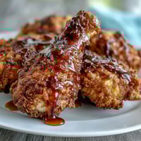 Crispy oven-baked chicken glazed with hot honey, golden and juicy, served on a rustic wooden board.