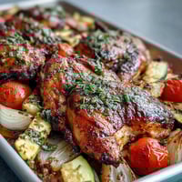 Vibrant sheet pan chicken with zucchini and cherry tomatoes, roasted to perfection with Italian herbs and fresh lemon.  