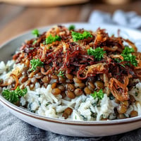 Levantine Mujadara overflowing with fluffy rice, tender lentils, and golden crispy onions.